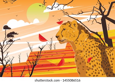 Wild vector savannah flat illustration. Leopard sitting under the tree waiting for the hunting target