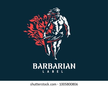 Wild warrior. Barbarian with a sword. Vector emblem.