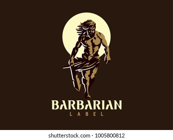 Wild warrior. Barbarian with a sword. Vector emblem.
