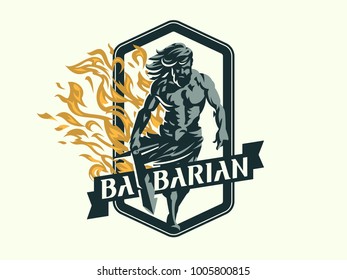 Wild warrior. Barbarian with a sword. Vector emblem.