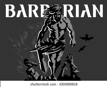 Wild warrior. Barbarian with a sword. Vector emblem.