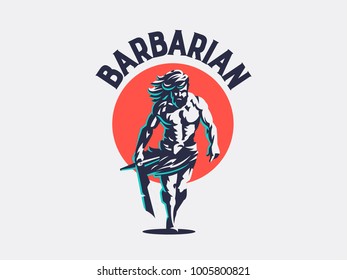 Wild warrior. Barbarian with a sword. Vector emblem.