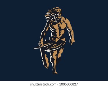 Wild warrior. Barbarian with a sword. Vector emblem.