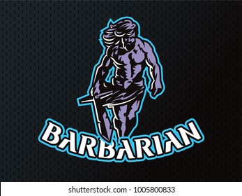 Wild warrior. Barbarian with a sword. Vector emblem.