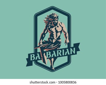 Wild warrior. Barbarian with a sword. Vector emblem.