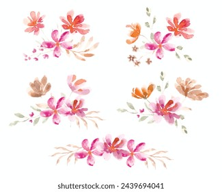Wild Watercolor Flower and Leaves Arrangement