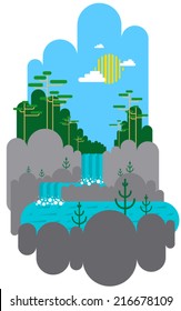 Wild waterfall among rocks and stones and trees landscape flat design vector illustration