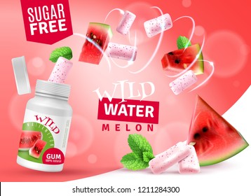 Wild watermelon sugar free bubblegum with mint flavor realistic advertising poster with juicy flesh background vector illustration 