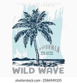 wild wave long beach california summer time, summer beach sunshine vector print design artwork, take me to the sunshine, Beach Paradise Print T-shirt Graphics Design, typography slogan on palm trees