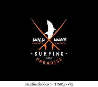 Wild Wave Surfing t-shirt and apparel design, Typography Surfing fashion print design with shark and surfboard shape.