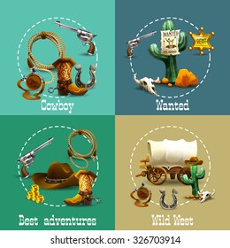 Wild west adventures realistic icons set with cowboy and wanted symbols isolated vector illustration 