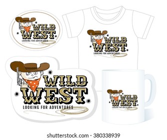 Wild West. Adventures. Sticker for Bookshop. T-shirt for Kids. Cup  for Kids