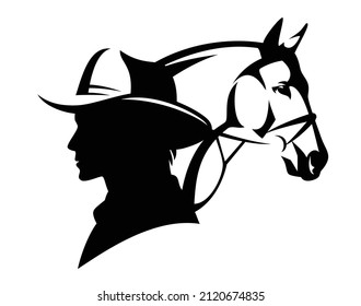 wild west american cowboy wearing hat and horse head black and white vector silhouette design