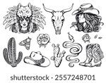 Wild west American gothic vector engraved set. Pretty cowgirl in headdress decorated wolf head and feathers, roses and cactus, boots and hat, snake and moth. Vintage Western collection ink style