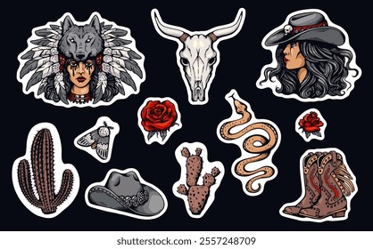 Wild west American gothic vector stickers set. Pretty cowgirl in headdress decorated wolf head and feathers, roses and cactus, boots and hat, snake and moth. Vintage Western grunge style collection