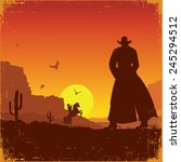 Wild West american poster.Vector western illustration with cowboys