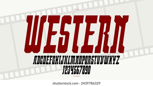Wild west American style geometric massive tall and bold font for logos, western serif letters alphabet, condensed typeface like in wanted posters.