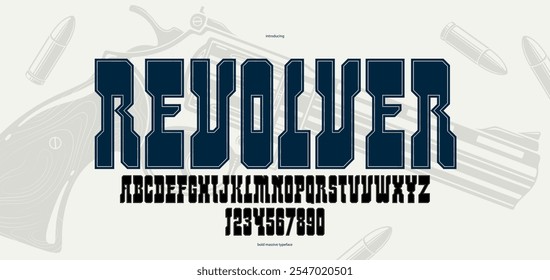 Estilo americano salvaje geométrico de estilo masivo y negrita fuente para logotipos, letras occidentales serif alfabeto, tipografía como en carteles buscados.