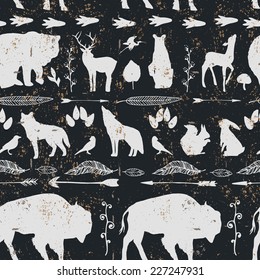 Wild West animals pattern. Seamless hand drawn texture with feathers, arrows, bear, wolf, bison, deer and other animals. 