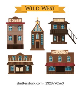 Wild west architecture. Saloon, hotel and sheriff. Facade of wooden house. Old american city. Isolated vector illustration in cartoon style