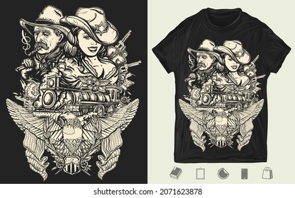 Wild West art. Cowboy girl sheriff, steam train, american eagle and digger. USA history art. Old criminal western. Black and white t-shirt design. print for clothes. Template for posters, textiles 