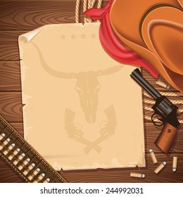 Wild west background with cowboy hat and guns.Vector old paper for text on wood table