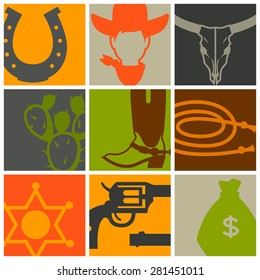 Wild west background with cowboy objects and design elements.