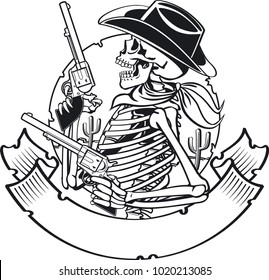 wild west background with cowboy skeleton holding guns