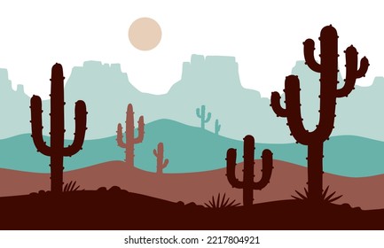 Fondo salvaje occidental. Paisaje natural del desierto mexicano, texano o de Arisona. Silhouettes de montañas y cactus al atardecer o amanecer. Rocas y cactus occidentales. Ilustración del vector plano dibujado a mano. 