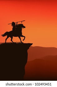 wild west background - native american chief riding a horse - silhouette on top of a cliff against sunset sky
