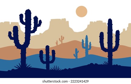 Wild West background. Prairie landscape with mountains and cacti. Western rocks and cactuses. Mexican, Texas or Arisona desert nature scene. Hand drawn Vector illustration in flat cartoon style.