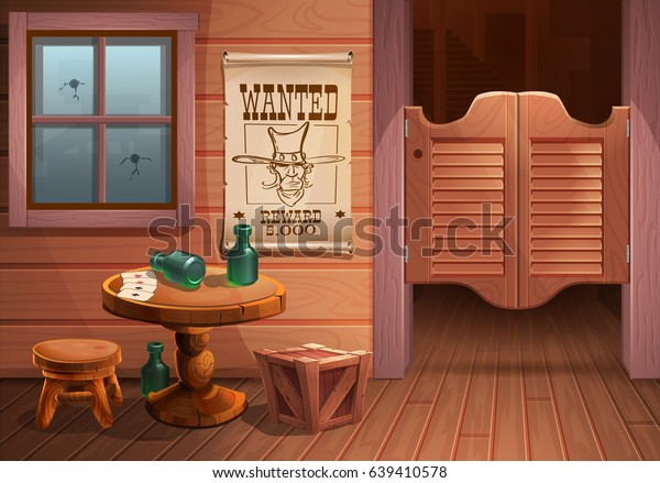 西部の荒れた背景シーン 酒場のドア 椅子とテーブル カウボーイの顔と碑文が必要 ベクターイラスト のベクター画像素材 ロイヤリティフリー
