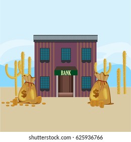 Wild west bank building template with cactuses bags of money and gold coins on desert landscape vector illustration