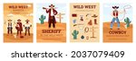 Wild west banners or cards set with cowboy and sheriff cartoon characters, flat vector illustration. West american texas posters or banners collection.