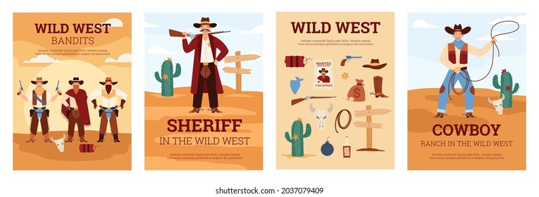 Wild west banners or cards set with cowboy and sheriff cartoon characters, flat vector illustration. West american texas posters or banners collection.