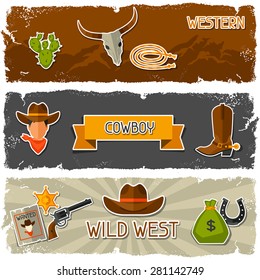 Wild west banners with cowboy objects and stickers.