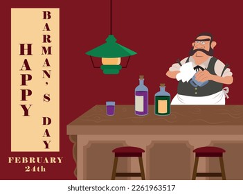 A Wild West bartender behind a tavern bar cleaning a glass