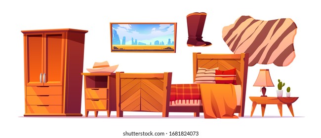 Wild west bedroom stuff set. Western rustic style wooden furniture, cupboard, bed with checked plaid, cowboy hat and boots, night table with lamp, picture and animal skin rag, Cartoon vector clip art