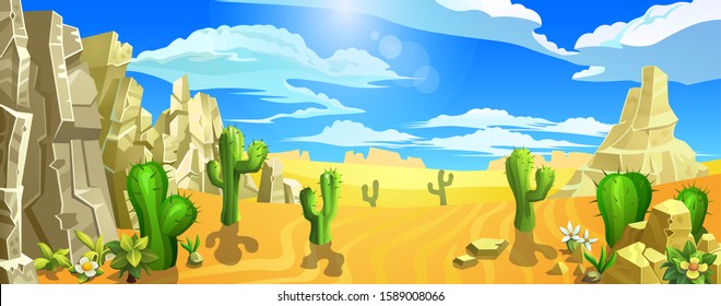 Wild West. Big desert with mountains, sands and cacti. Vector illustration.