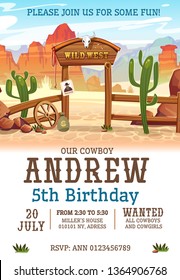 Wild West Birthday Party Invitation Design Template. Western Poster Concept For Invitations, Greeting Cards Etc. Cartoon Wild West Illustration