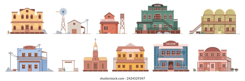 Wild west buildings exterior, isolated facades of wooden houses and homes. Vector flat cartoon, city street or infrastructure of American small town with cowboy culture or old traditions