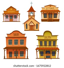 Wild west buildings set. Church, saloon, bank, sheriff and store wooden traditional western architecture isolated on white background. House exterior, cowboy style design, Cartoon vector clip art