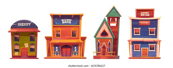 Wild west buildings set. Church, saloon, bank, sheriff and hotel wooden traditional western architecture isolated on white background. House exterior, cowboy style design, Cartoon vector clip art