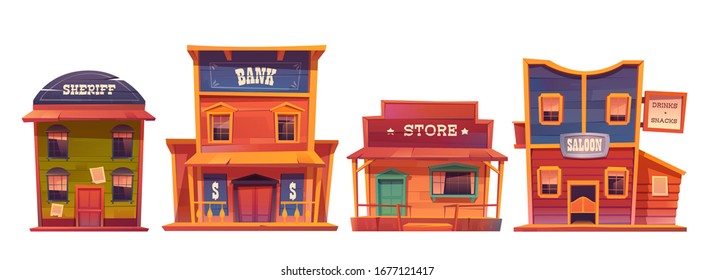 Wild west buildings set. Saloon, bank, sheriff and store wooden traditional western architecture isolated on white background. House exterior, cowboy style design, Cartoon vector clip art