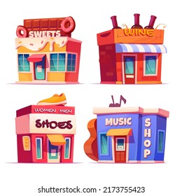 Wild West Buildings Set. Sweets, Wine, Music And Shoes Shop. Traditional Western Architecture Isolated On White Background. House Exterior, Cowboy Style Design, Cartoon Shops Vector Clip Art