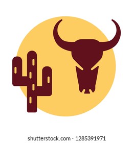 wild west bull head and cactus western flat vector icon