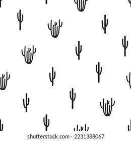 Cacti del oeste salvaje para un patrón abstracto. Cactus sobre el fondo blanco para la impresión de tela sin fisuras de tejido moderno. Contrastando la textura en blanco y negro. Fondos de escritorio en el tema desierto americano, vaqueros, safari.