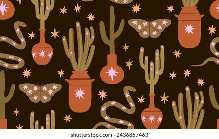 Cactus salvaje del oeste y patrón sin costuras de mariposa. Fondo dibujado a mano boho