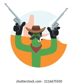 Wild West. Cactus is holding two revolvers and smoking, wearing a hat and a bandanna around his neck. Vector illustration. Character. Cartoon.