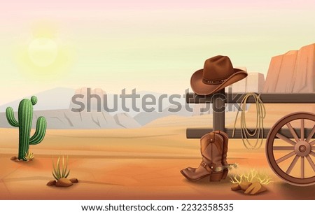 Wild west cartoon composition with outdoor landscape of desert with cowboy boots and hat on fence vector illustration